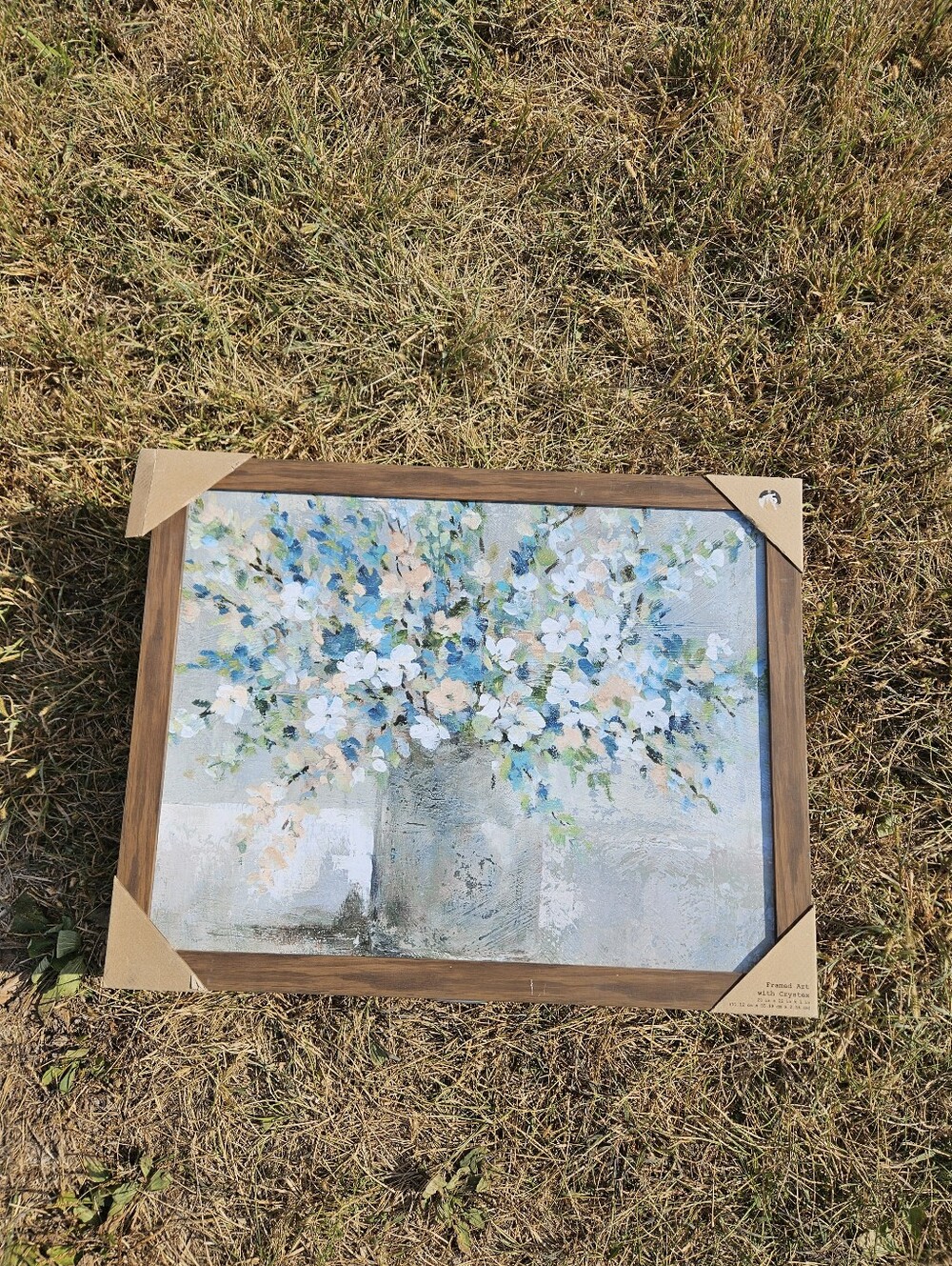 Farmhouse Floral Framed Art 28x22 White Blue Bouquet Vase Crystex Canvas Print